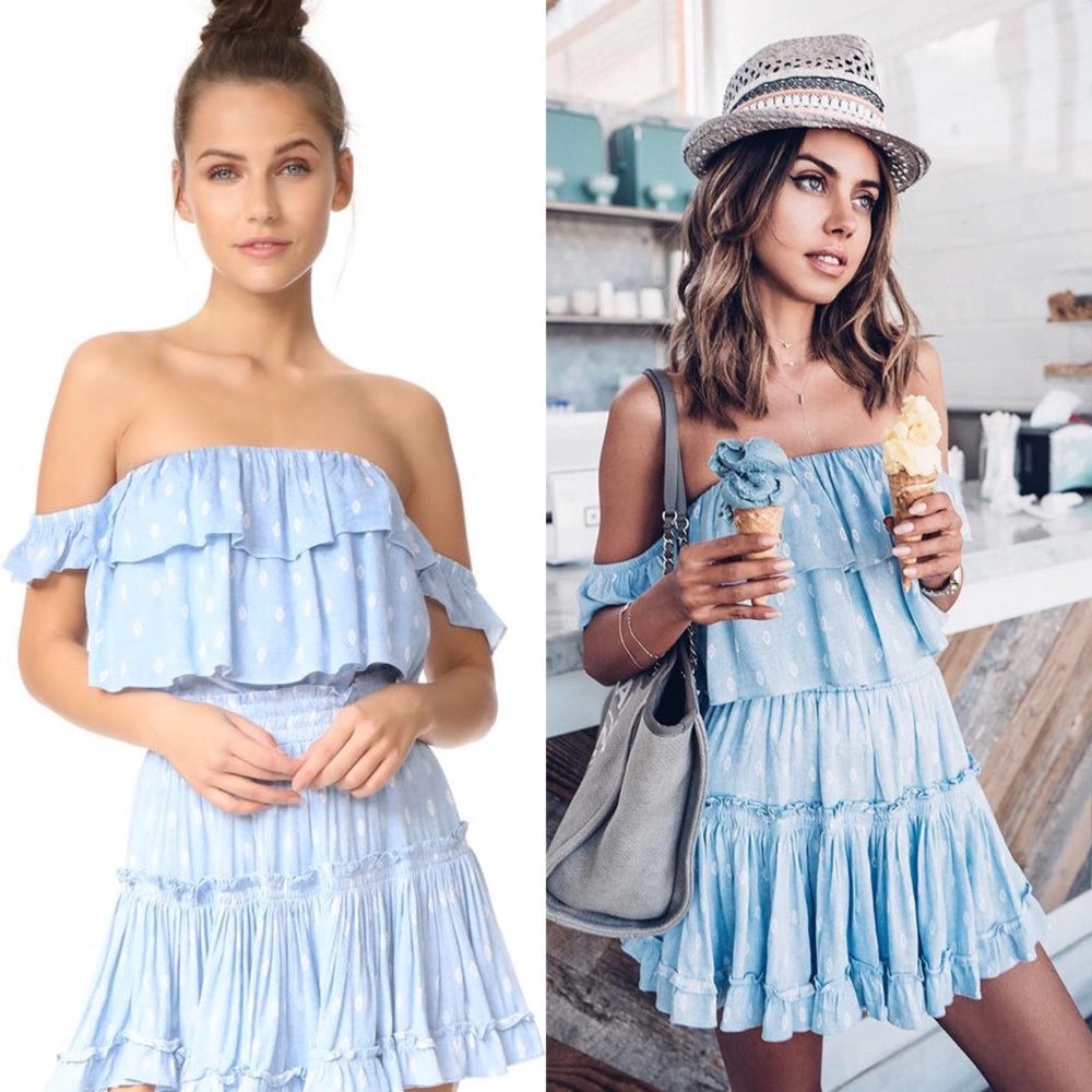 MISA LOS ANGELES Kaia Off Shoulder Crop Top Shirt Ruffled Tiered Blue